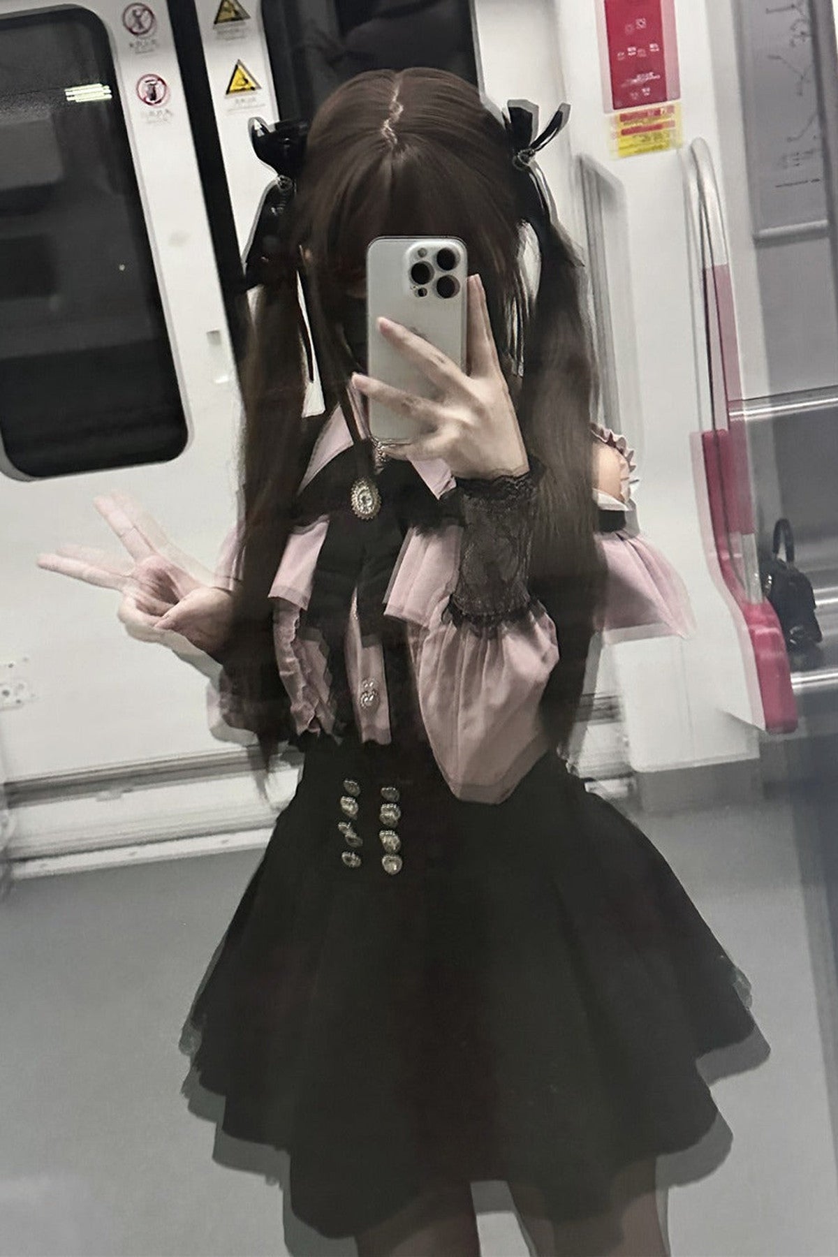 [Pre-order] Cold Shoulder Heart Buckle Long Sleeve Ruffle Lace Blouse with Bow Tie + Lace-Trim Pleated Mini Skirt Set