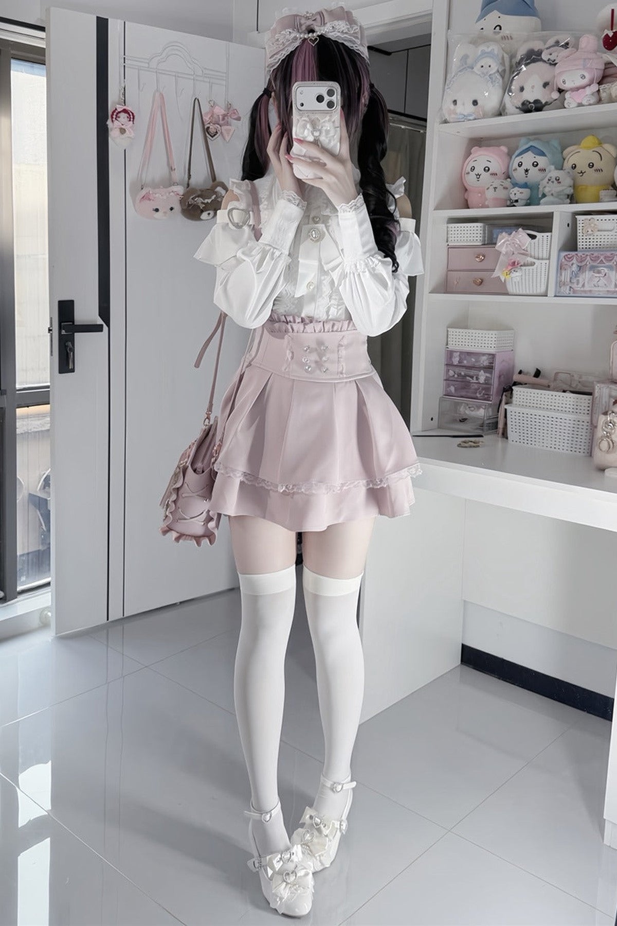 [Pre-order] Cold Shoulder Heart Buckle Long Sleeve Ruffle Lace Blouse with Bow Tie + Lace-Trim Pleated Mini Skirt Set