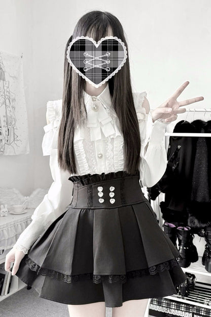 [Pre-order] Cold Shoulder Heart Buckle Long Sleeve Ruffle Lace Blouse with Bow Tie + Lace-Trim Pleated Mini Skirt Set