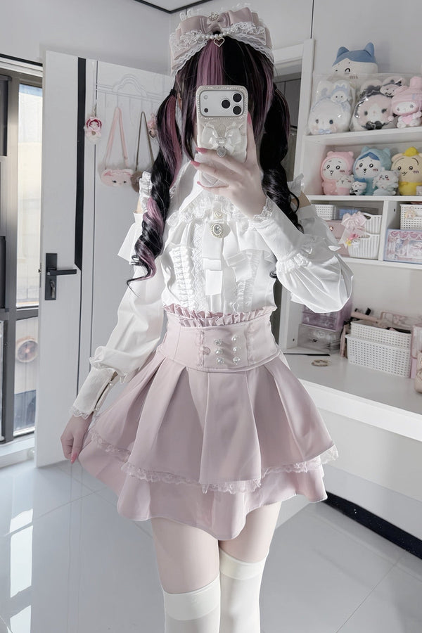 [Pre-order] Cold Shoulder Heart Buckle Long Sleeve Ruffle Lace Blouse with Bow Tie + Lace-Trim Pleated Mini Skirt Set
