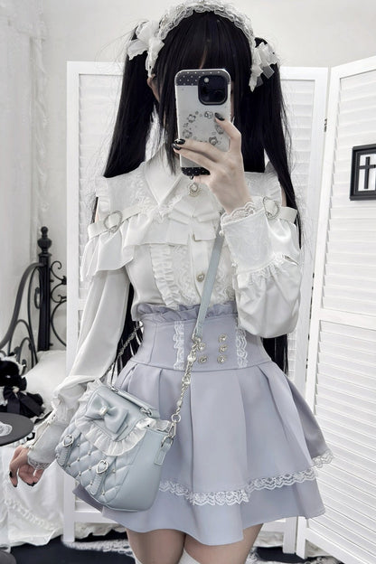 [Pre-order] Cold Shoulder Heart Buckle Long Sleeve Ruffle Lace Blouse with Bow Tie + Lace-Trim Pleated Mini Skirt Set