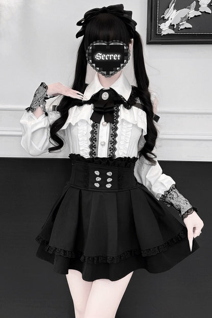 [Pre-order] Cold Shoulder Heart Buckle Long Sleeve Ruffle Lace Blouse with Bow Tie + Lace-Trim Pleated Mini Skirt Set