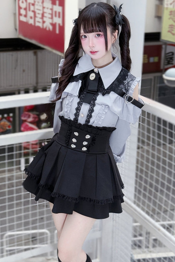 [Pre-order] Cold Shoulder Heart Buckle Long Sleeve Ruffle Lace Blouse with Bow Tie + Lace-Trim Pleated Mini Skirt Set