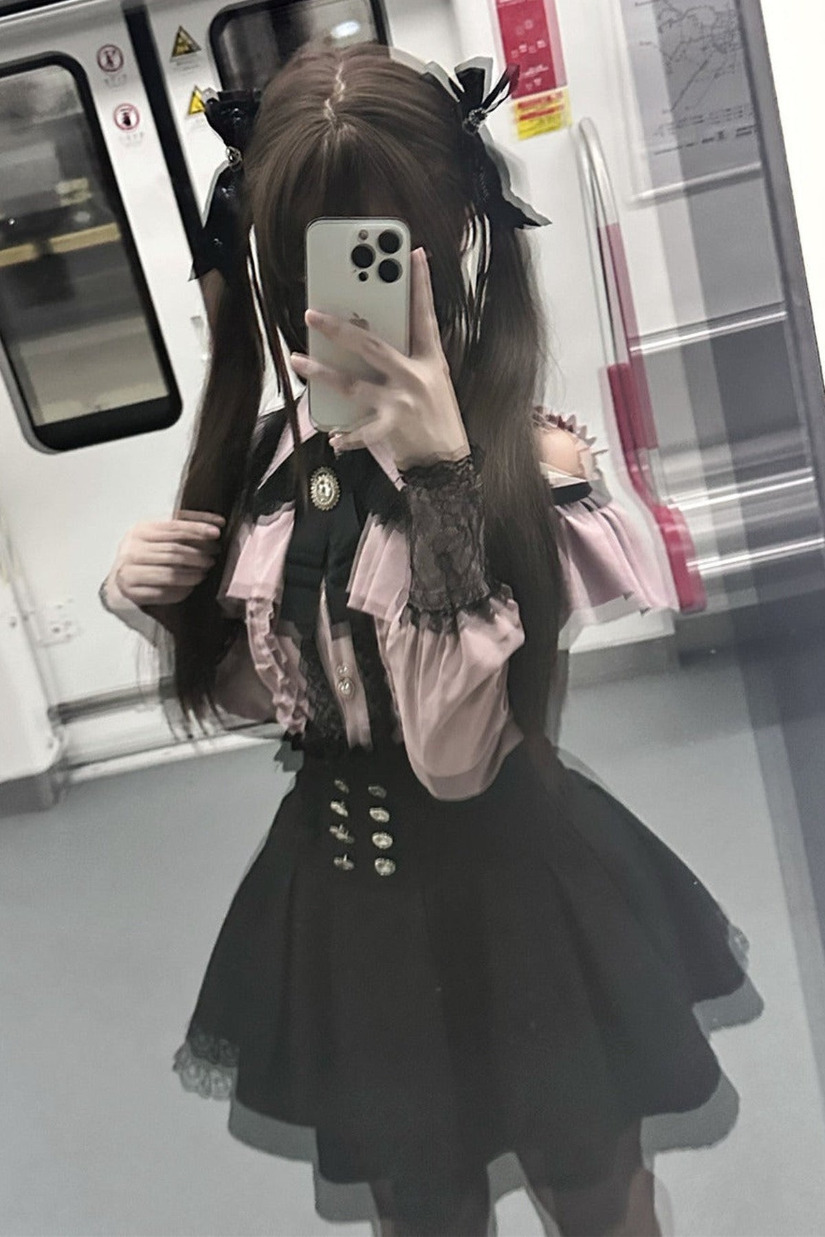 [Pre-order] Cold Shoulder Heart Buckle Long Sleeve Ruffle Lace Blouse with Bow Tie + Lace-Trim Pleated Mini Skirt Set