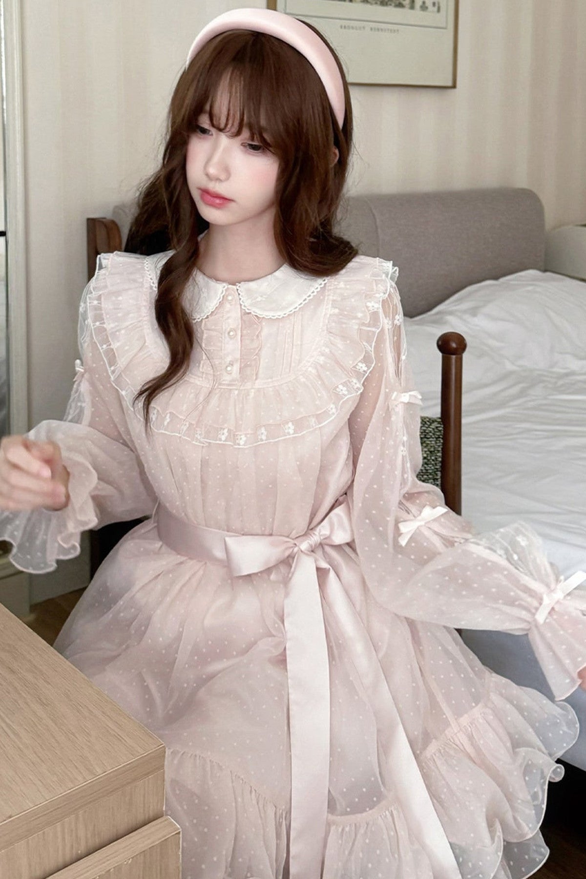 Pink Polka Dot Long Sleeve Princess Dress
