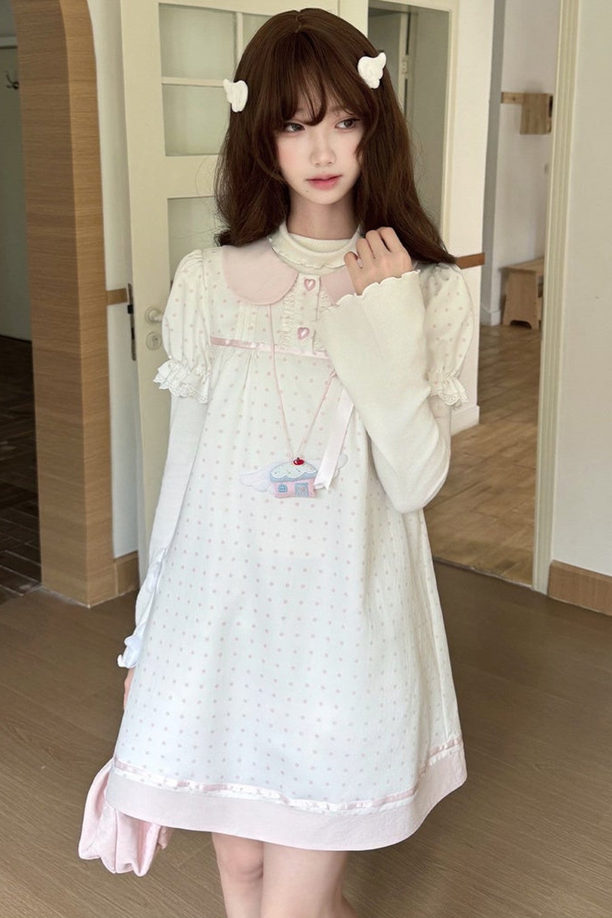 Polka Dot Doll Collar Puff Sleeve Dress