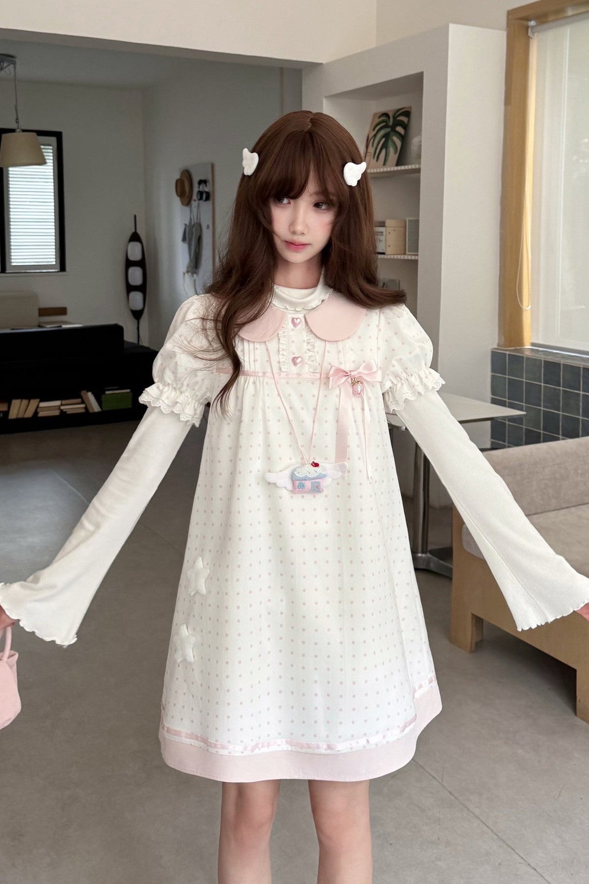 Polka Dot Doll Collar Puff Sleeve Dress