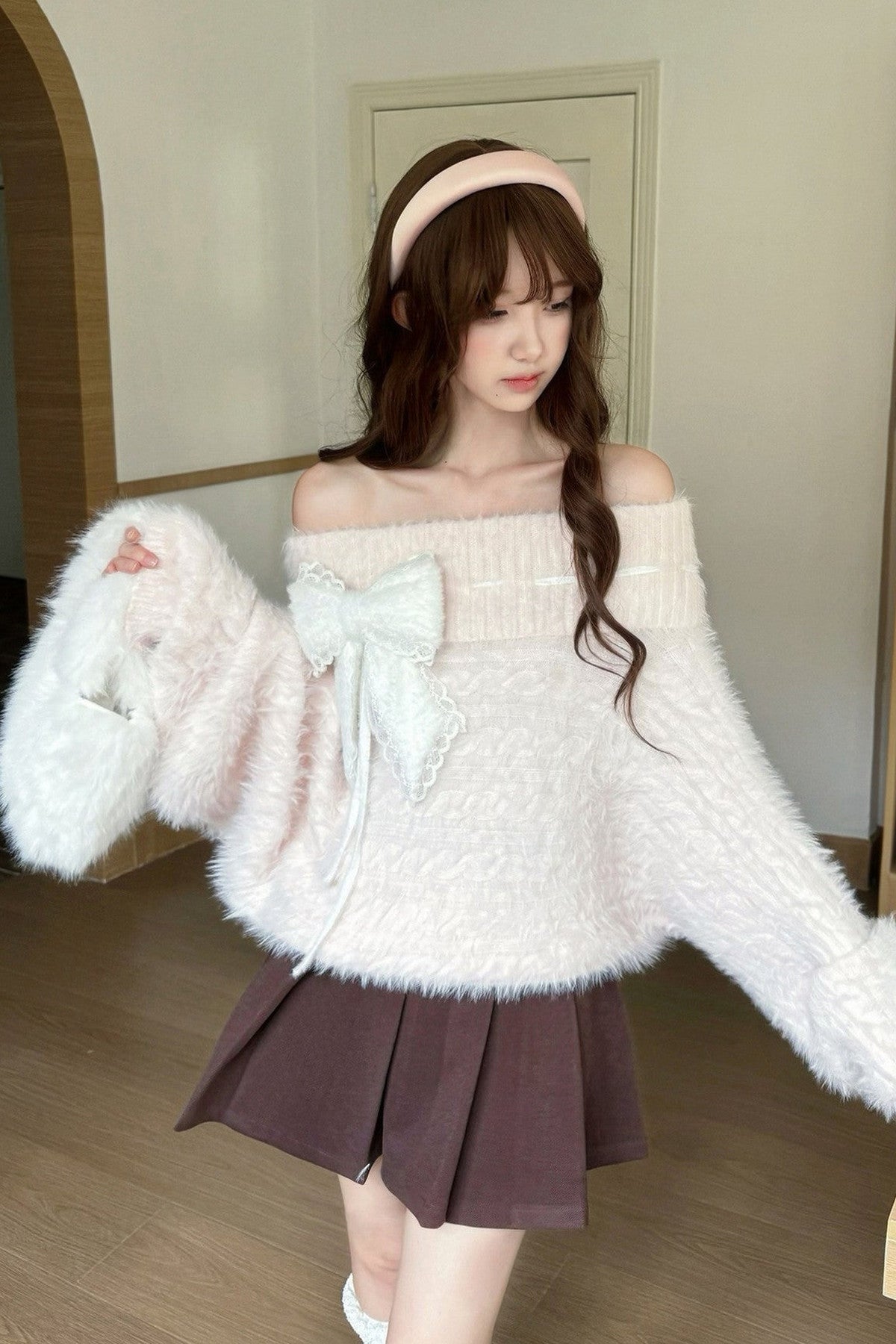 Mint Blue Two-Way Off-Shoulder Sweater With Skirt Set