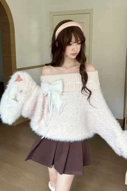 Mint Blue Two-Way Off-Shoulder Sweater With Skirt Set