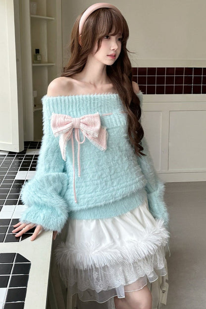 Mint Blue Two-Way Off-Shoulder Sweater With Skirt Set