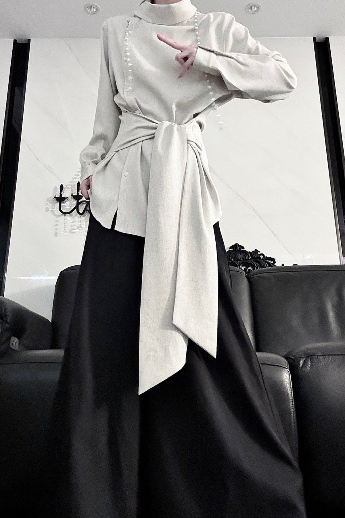 Deconstructed Asymmetrical Placket Tie-Waist Shirt