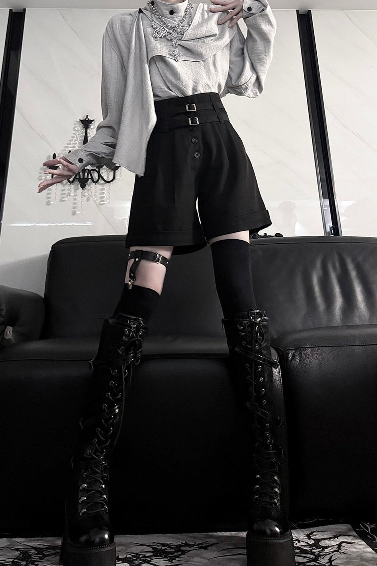 Mid-Waist Double Belt Biker Shorts
