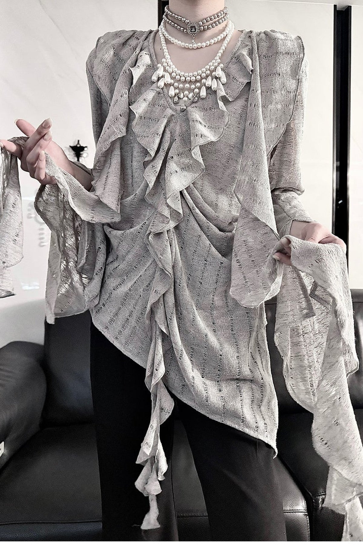 Ruffle V-Neck Lace Blouse