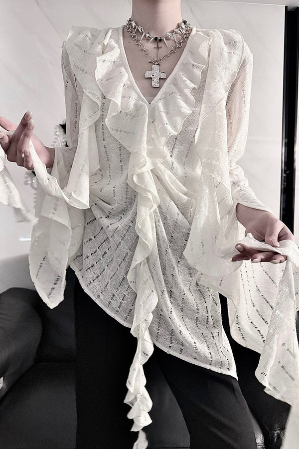 Ruffle V-Neck Lace Blouse