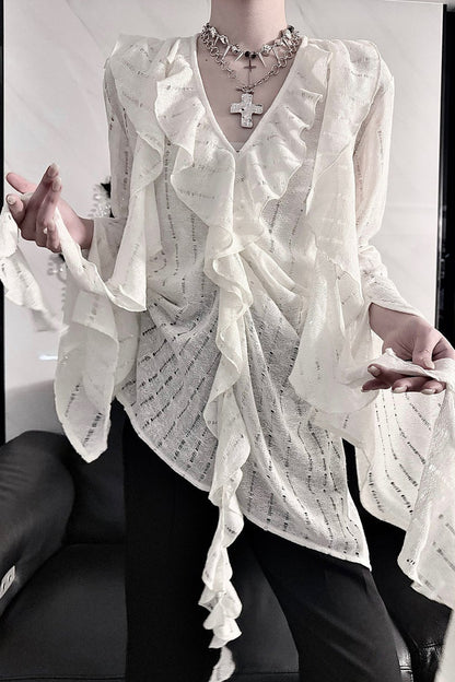 Gothic V-Neck Cut-Out Ruffle Top