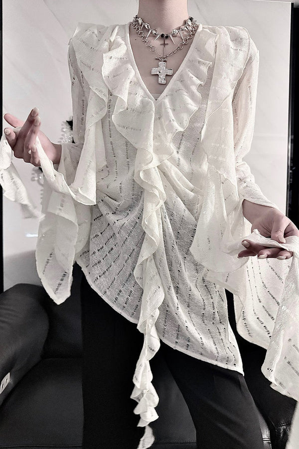 Gothic V-Neck Cut-Out Ruffle Top