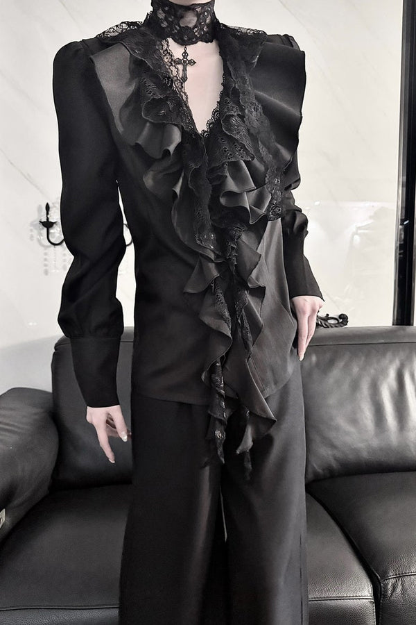 Black Lace Layered V-Neck Blouse