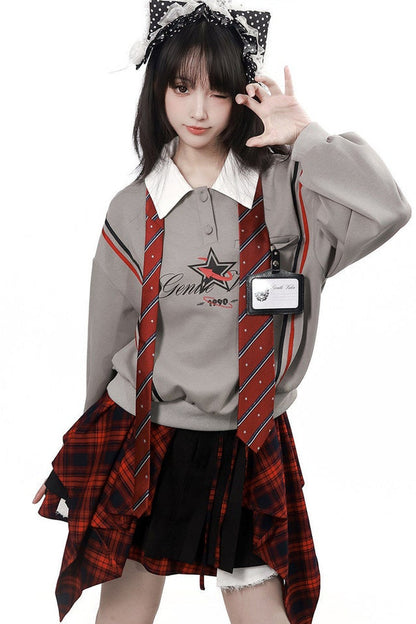 Gray Black Plaid Sweatshirt and Pants Set-Up