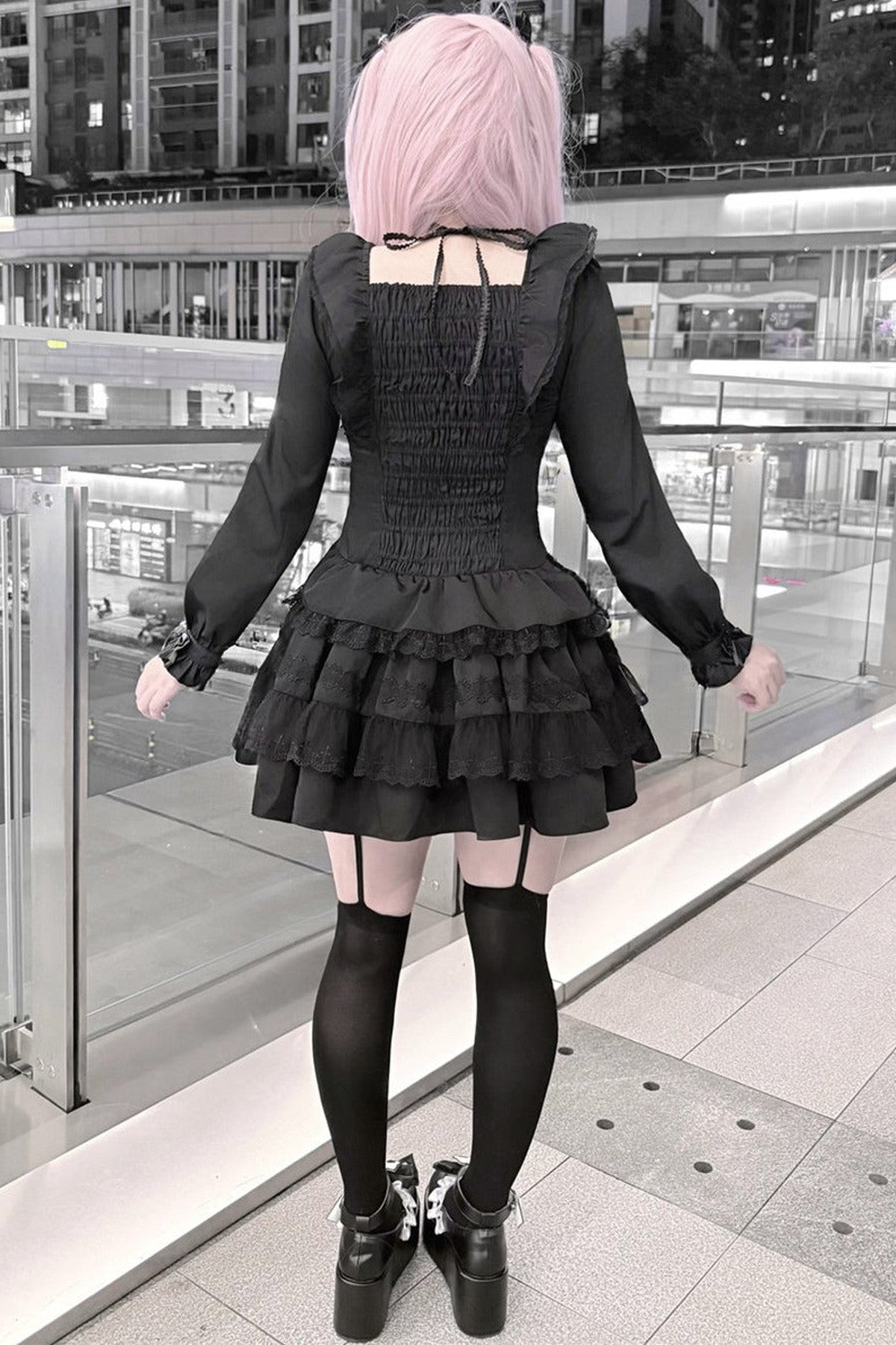 Lace Long Sleeve Cross-Tie Bow Dress