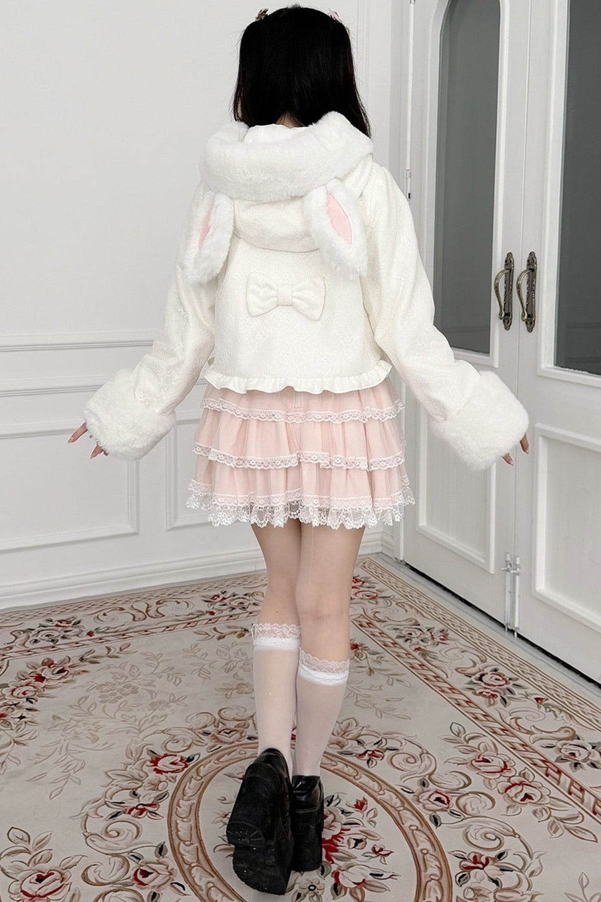 Snow Rabbit Plush Lace Coat, Top and Skirt Set-Up