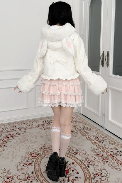 Snow Rabbit Plush Lace Coat, Top and Skirt Set-Up