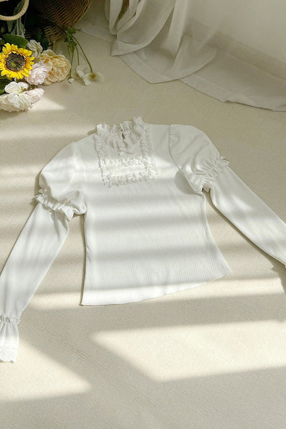 레이스 스탠드 칼라 니트 탑