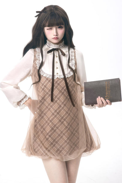 Brown Plaid Puff Dress