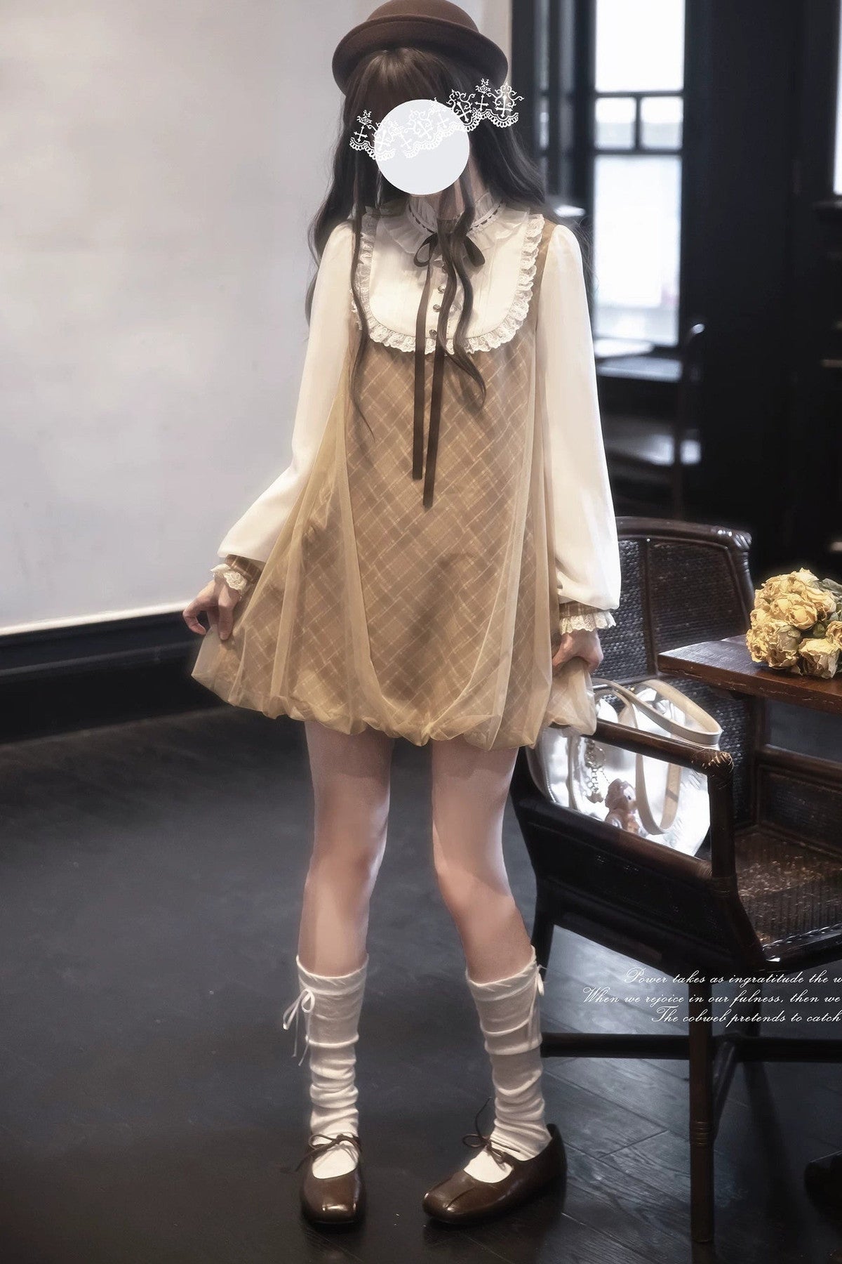Brown Plaid Puff Dress