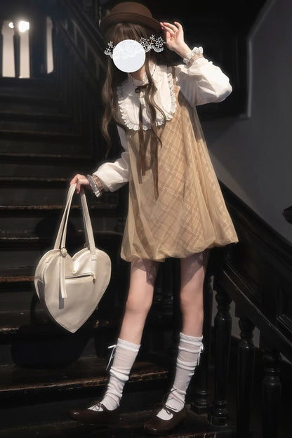 Brown Plaid Puff Dress