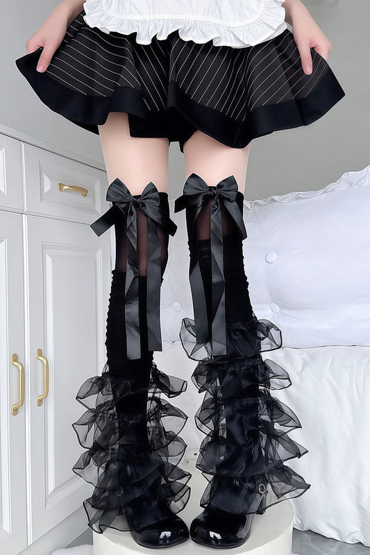 Weiße Mesh-Overknee-Socken mit Spitzen-Schleife