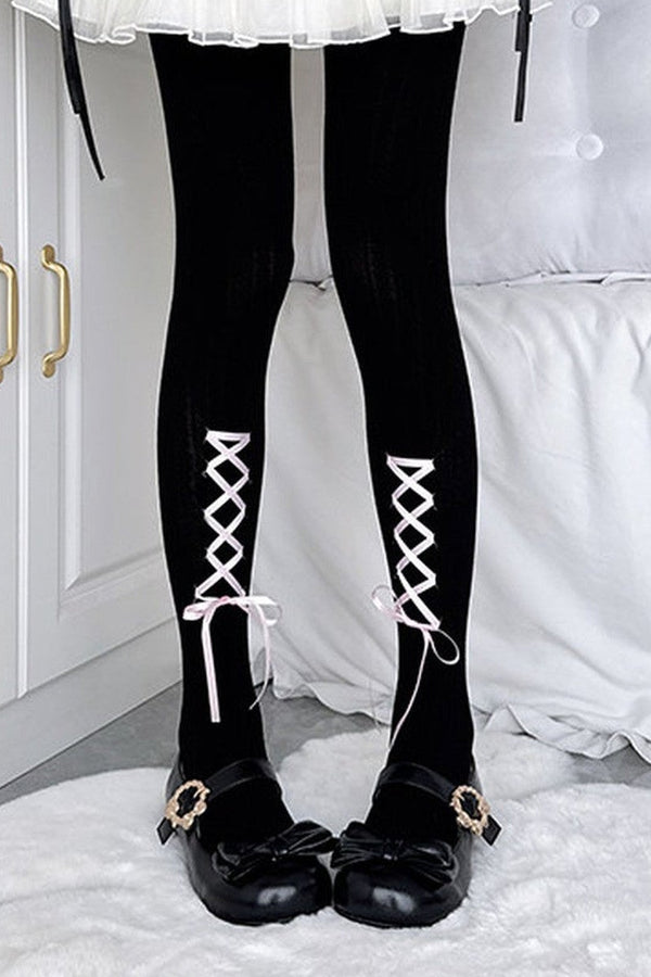 Bow Ribbon Lace-Up Tights