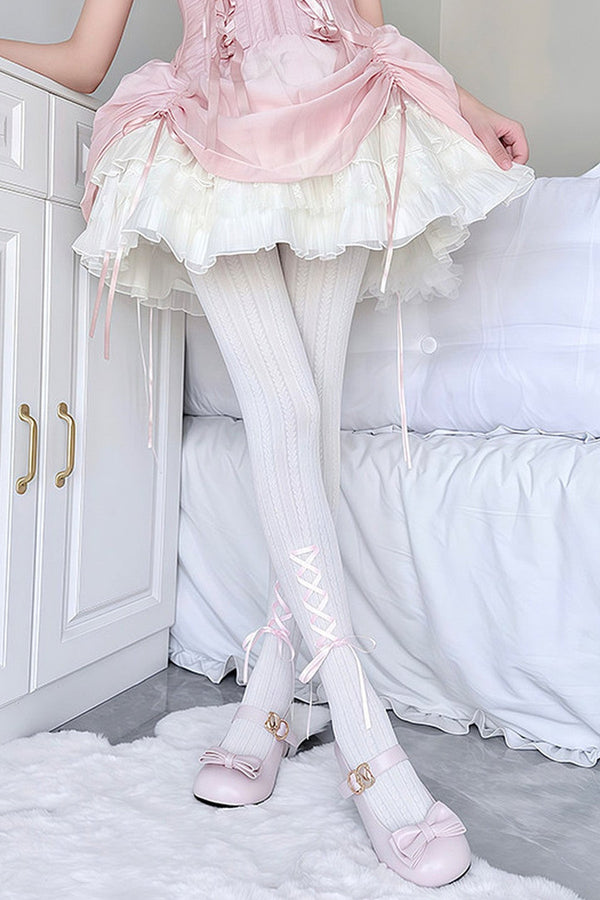Bow Ribbon Lace-Up Tights