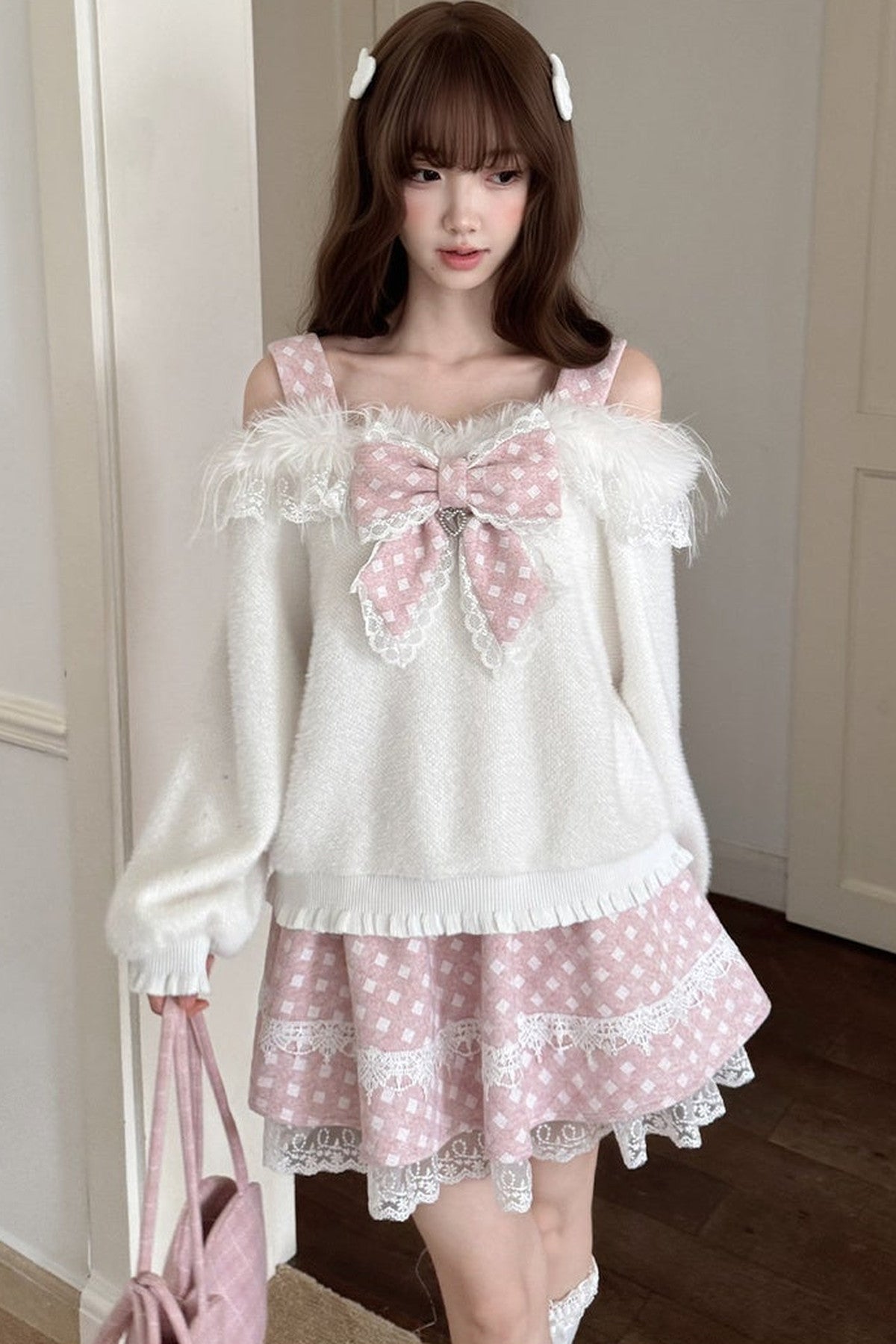 White Rabbit One-Shoulder Sweater Skirt Set