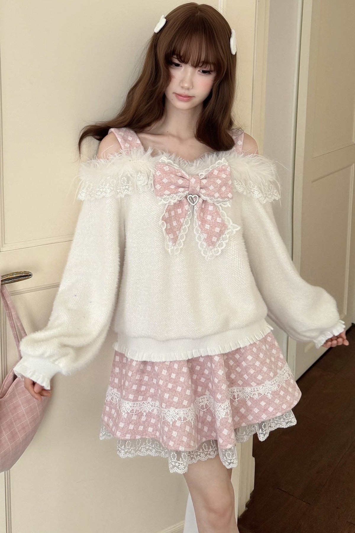 White Rabbit One-Shoulder Sweater Skirt Set