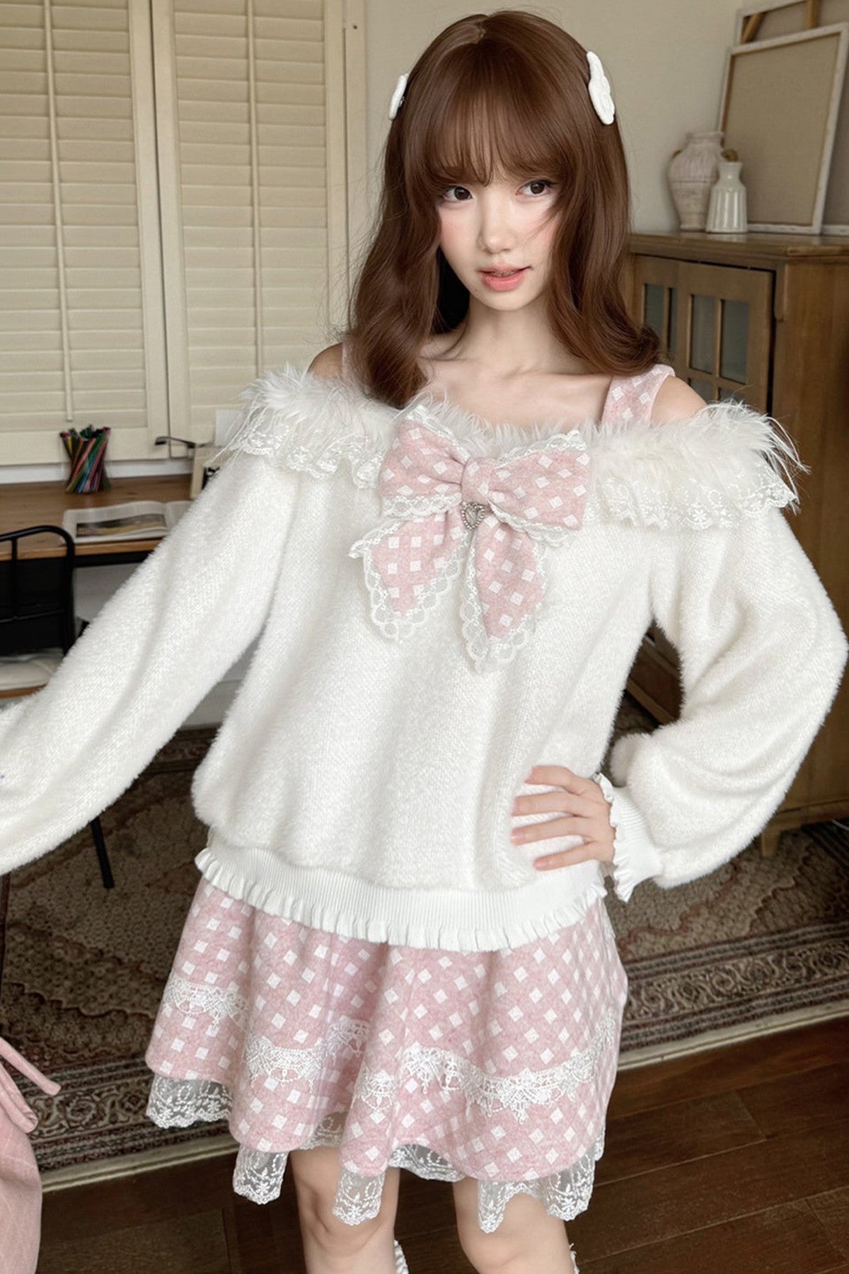 White Rabbit One-Shoulder Sweater Skirt Set