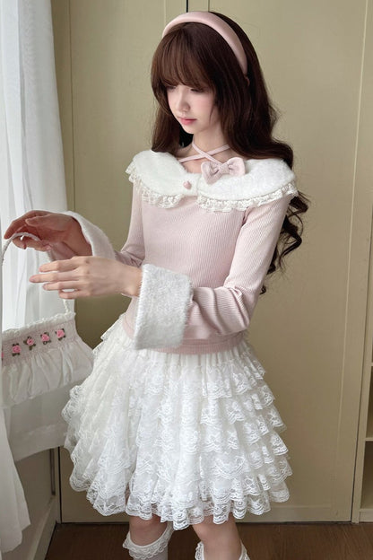 Cat Plush Collar Halter Knit Top and Skirt Set