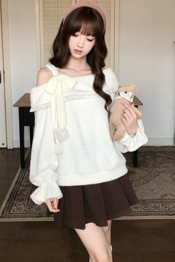 Off-Shoulder Knit Sweater and Skirt Set