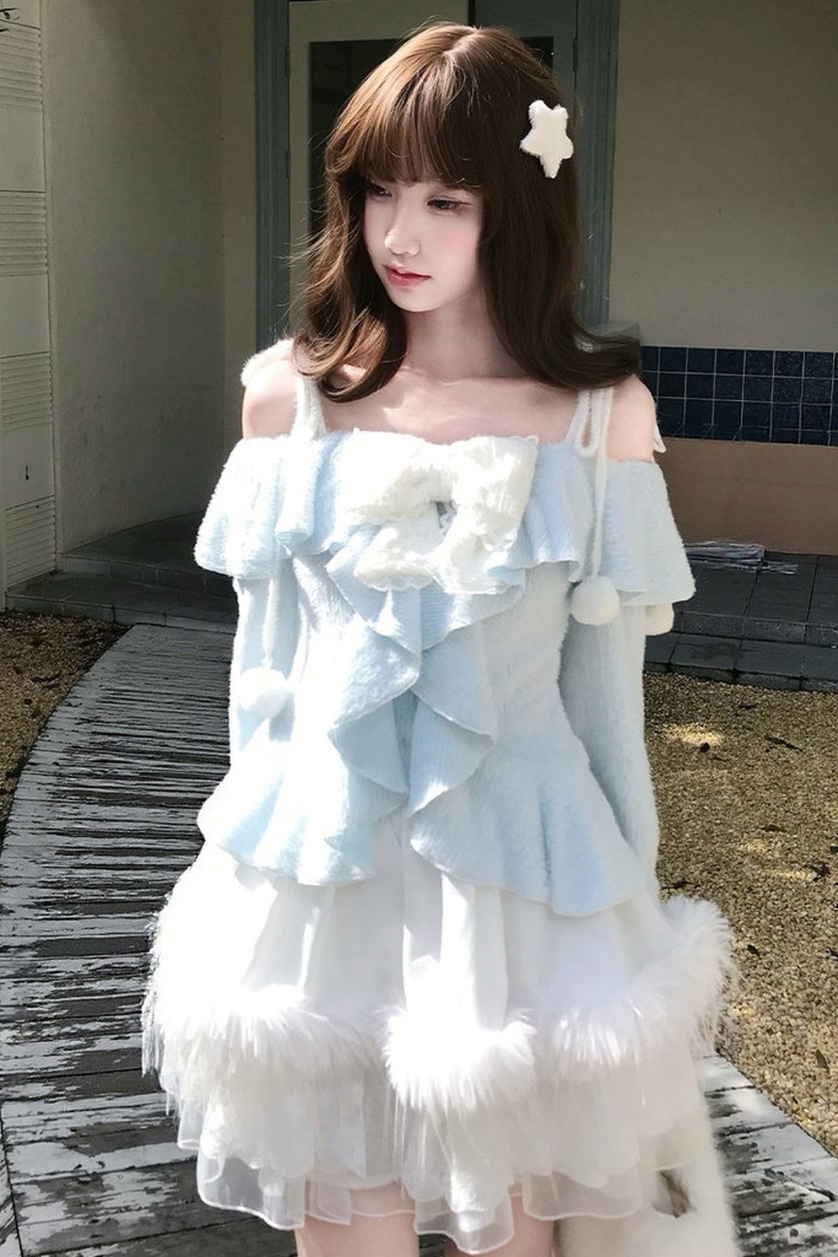 Off-Shoulder Ruffle Knit Top Set