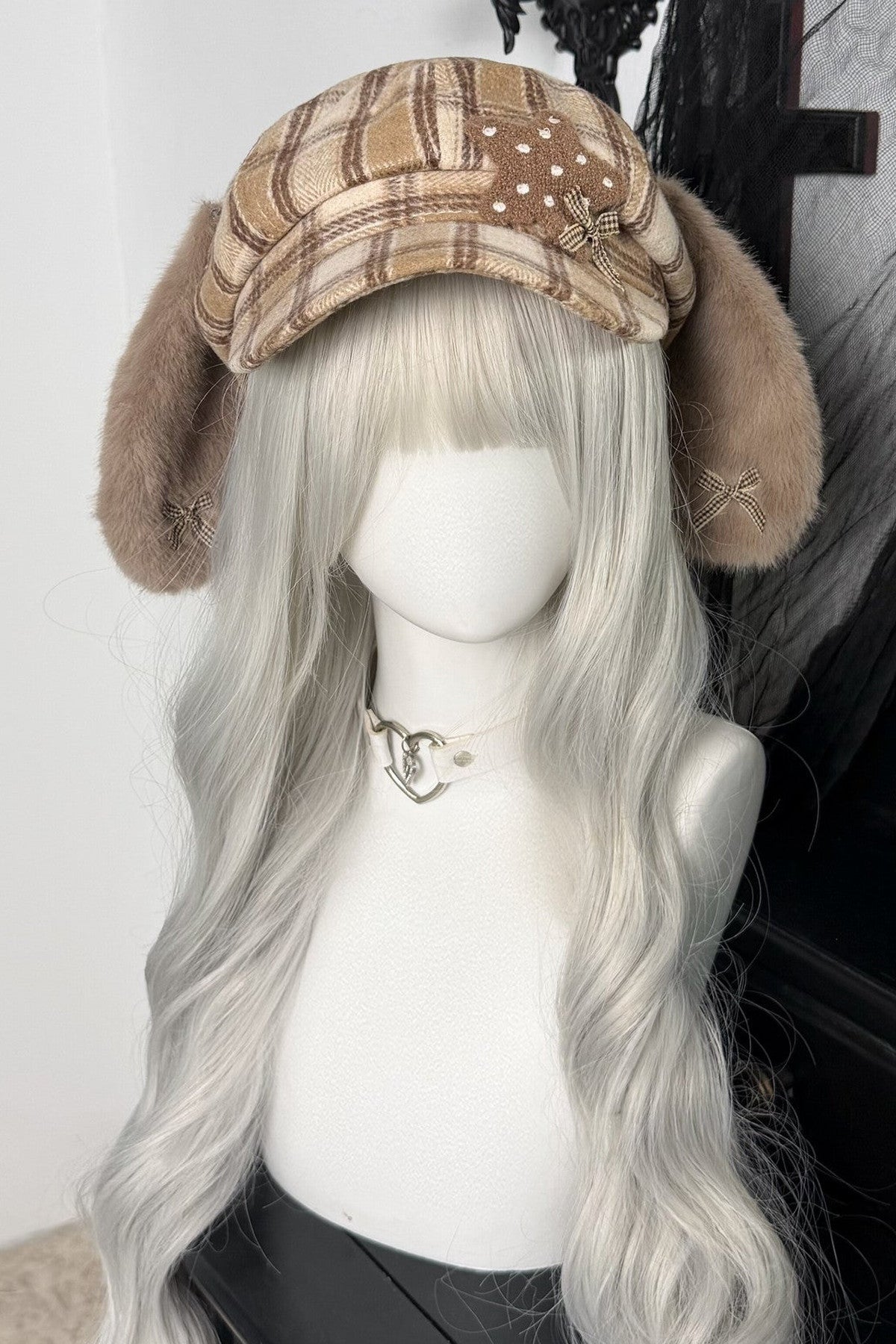 Large Head Plaid Dog Ear Octagonal Beret
