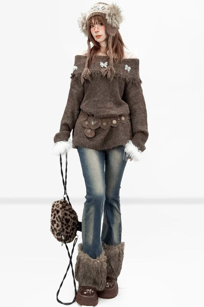 Brown Off-Shoulder Fur Collar Sweater