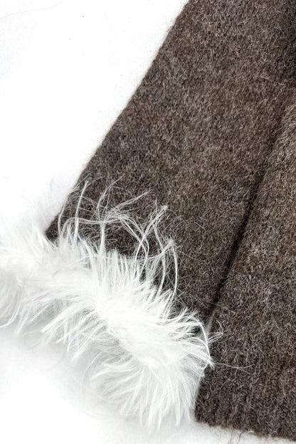 Brown Off-Shoulder Fur Collar Sweater