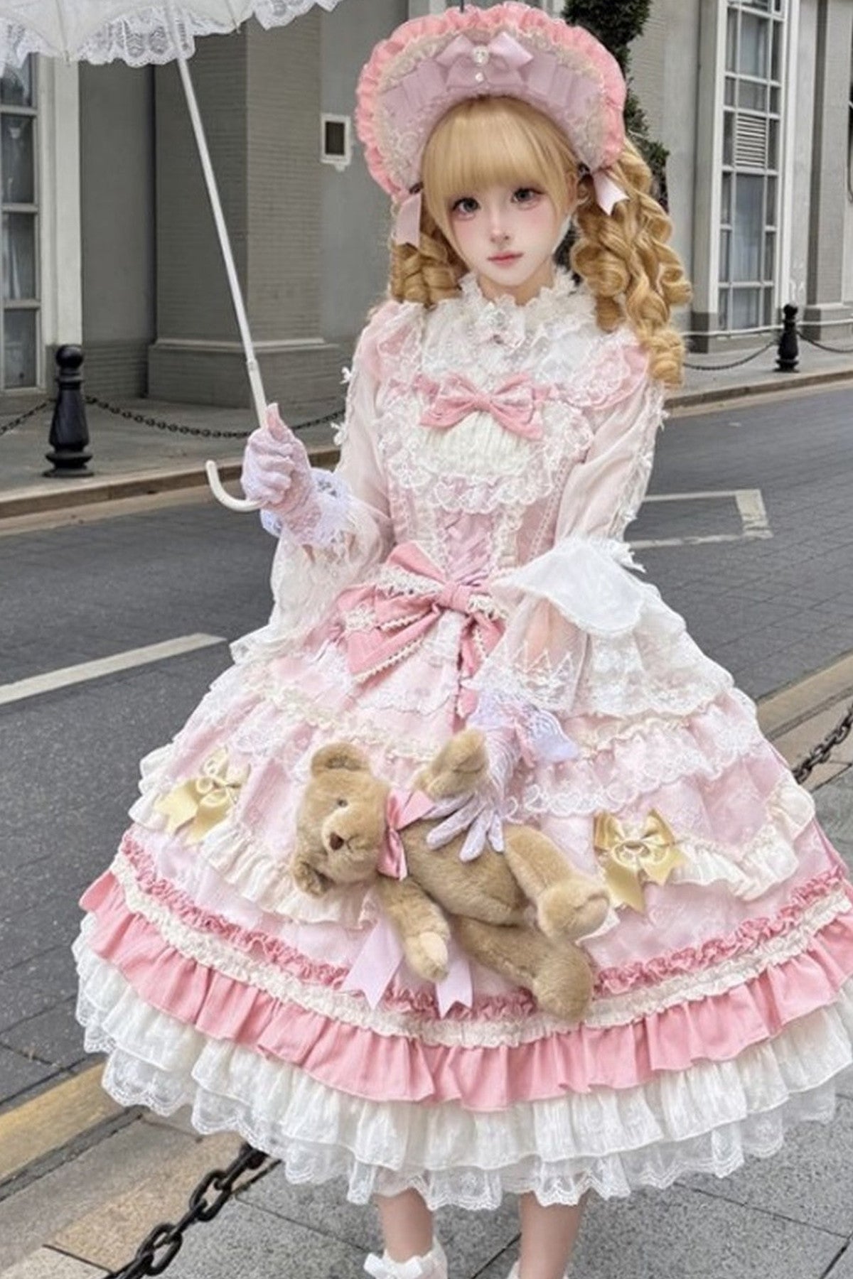 Weißes Tee-Schleifen-Lolita-JSK-Kleid