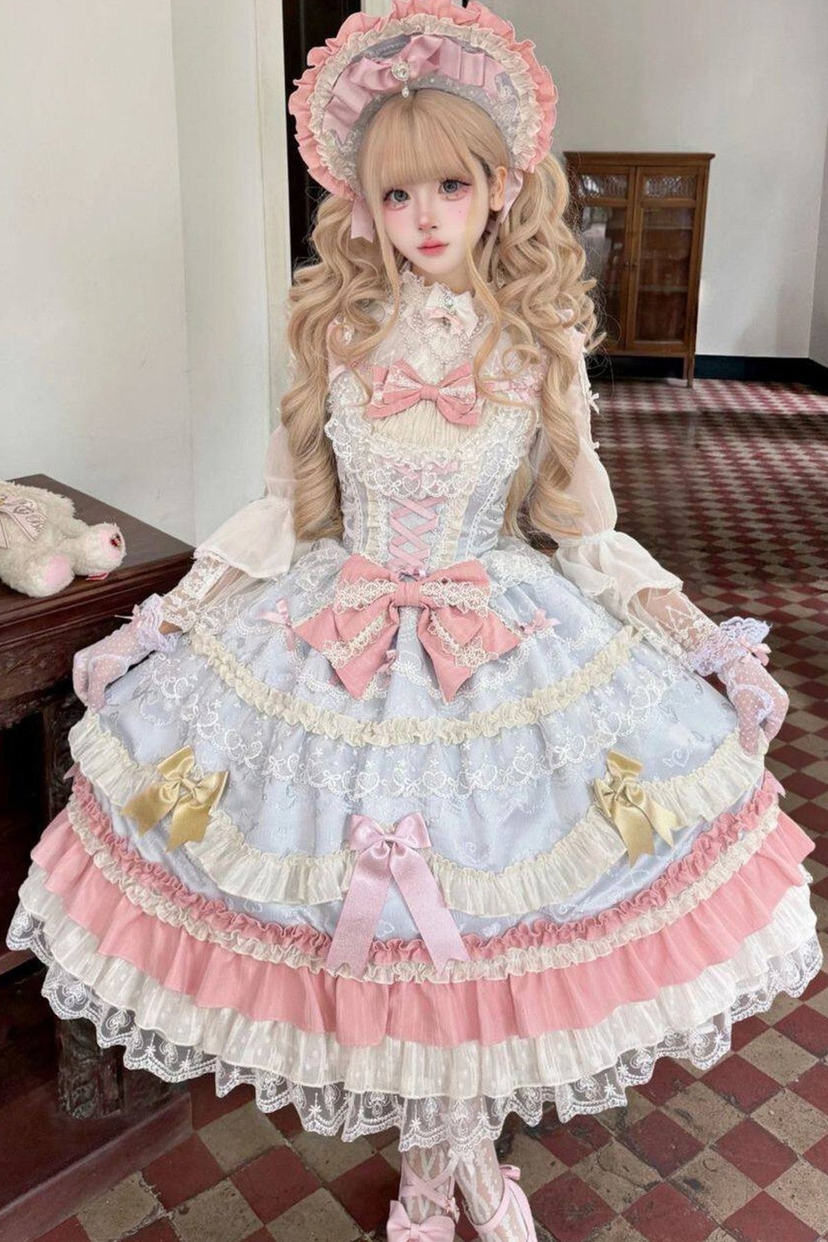Weißes Tee-Schleifen-Lolita-JSK-Kleid