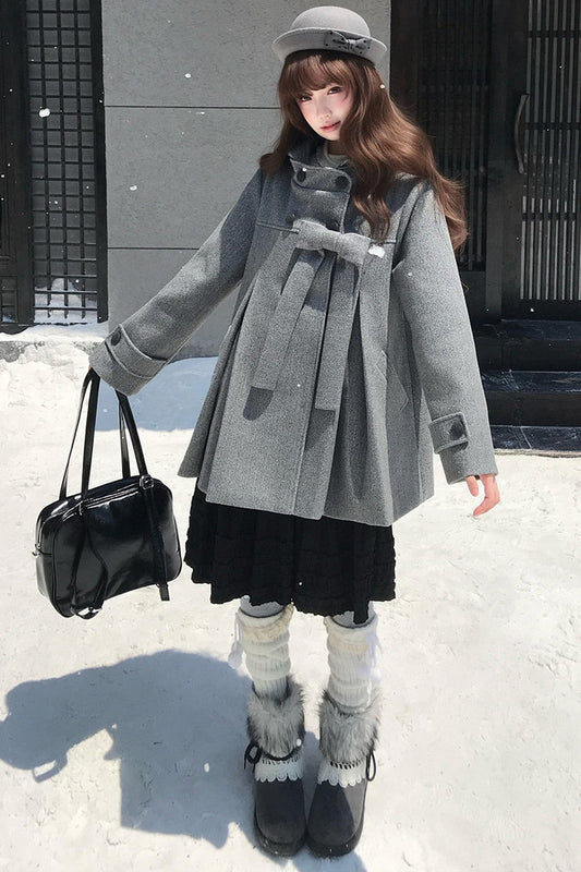 Gray Hooded Wool Coat and Skirt Set