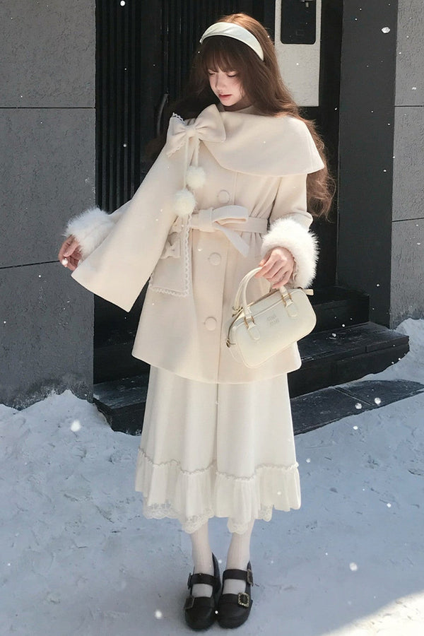 Apricot Wool Cape Coat and Skirt Set