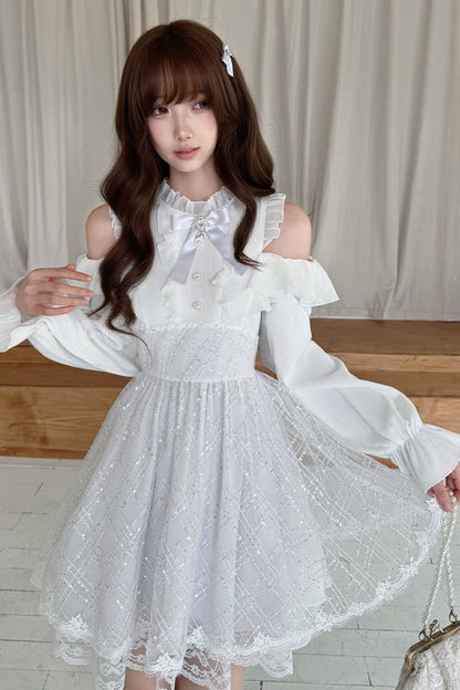Silver Thread Gauze Off-Shoulder Dress and Top Set
