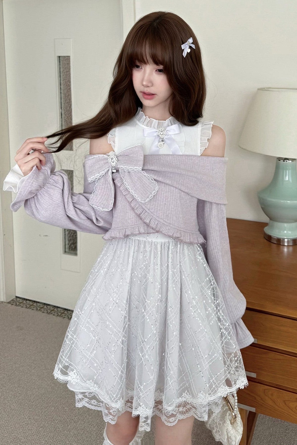 Silver Thread Gauze Off-Shoulder Dress and Top Set
