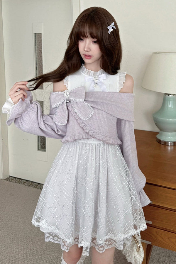 Silver Thread Gauze Off-Shoulder Dress and Top Set