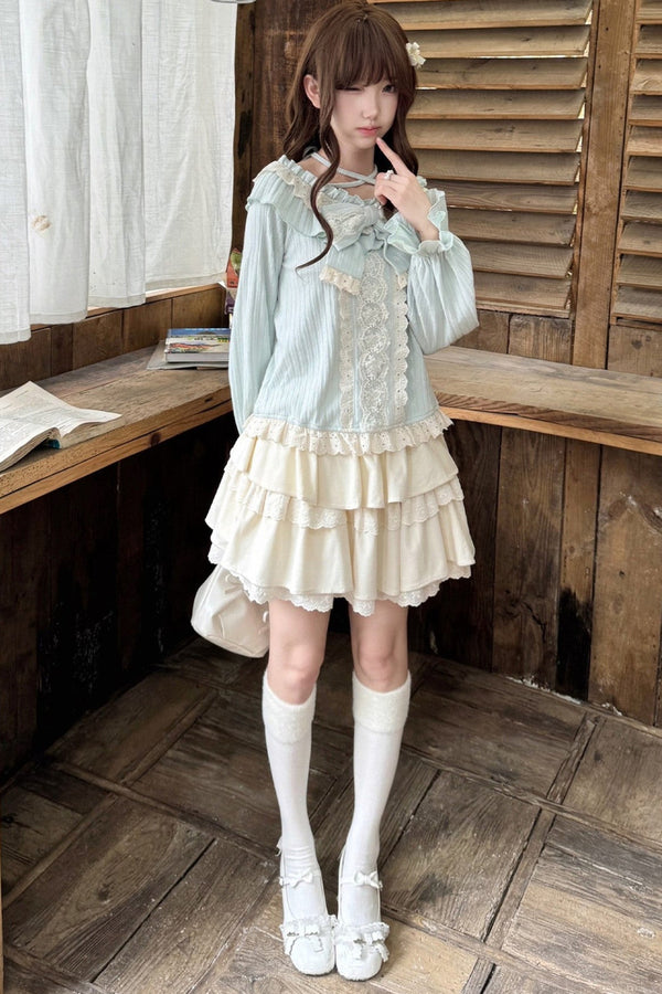 Long-Sleeve Lace Knit Top and Skirt Set