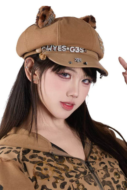 바이오닉 캣 펑크 리벳 고양이 귀 베레모